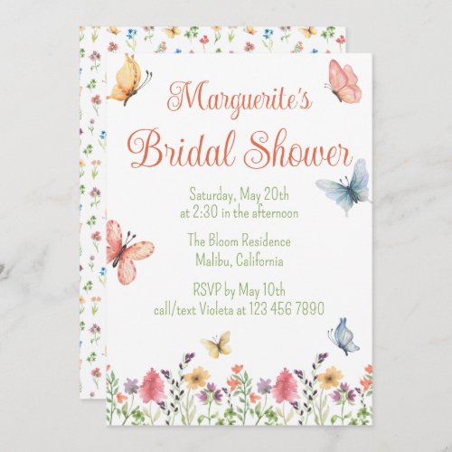 Custom Wildflowers and Butterflies Bridal Shower Invitation
