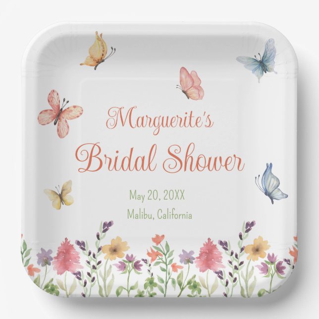 Custom Wildflowers and Butterflies Bridal Shower Paper Plates (Front)