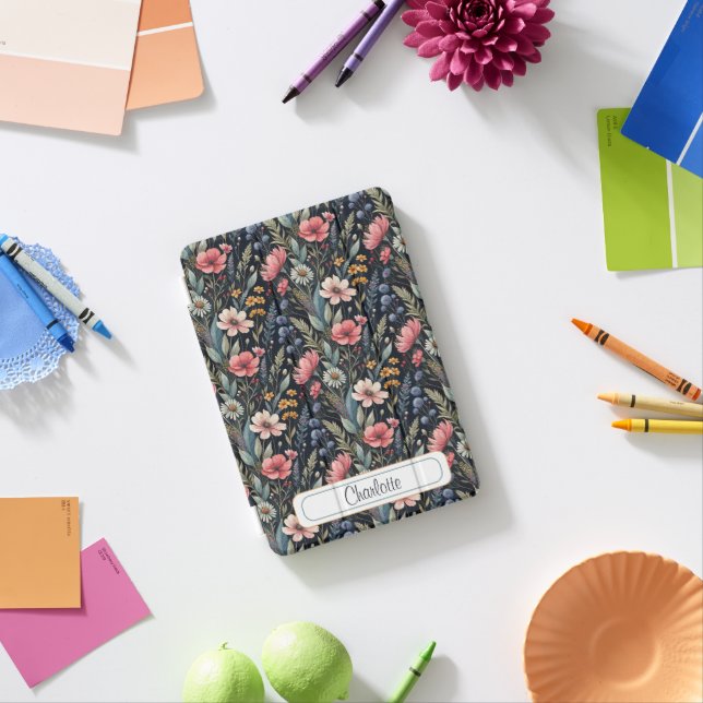 Custom Wildflowers Botanical Inspiration Black iPad Mini Cover (In Situ)