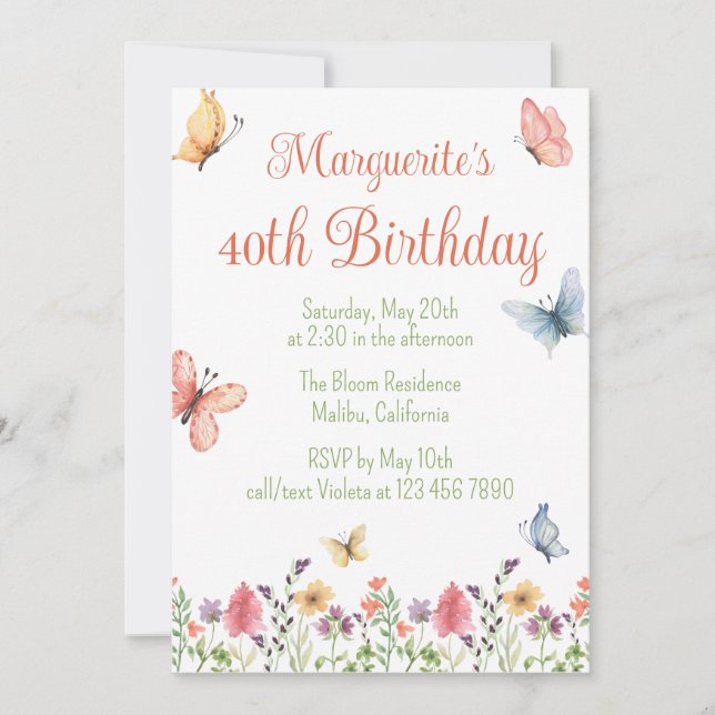 Custom Wildflowers Butterflies 40th Birthday Party Invitation (Front)