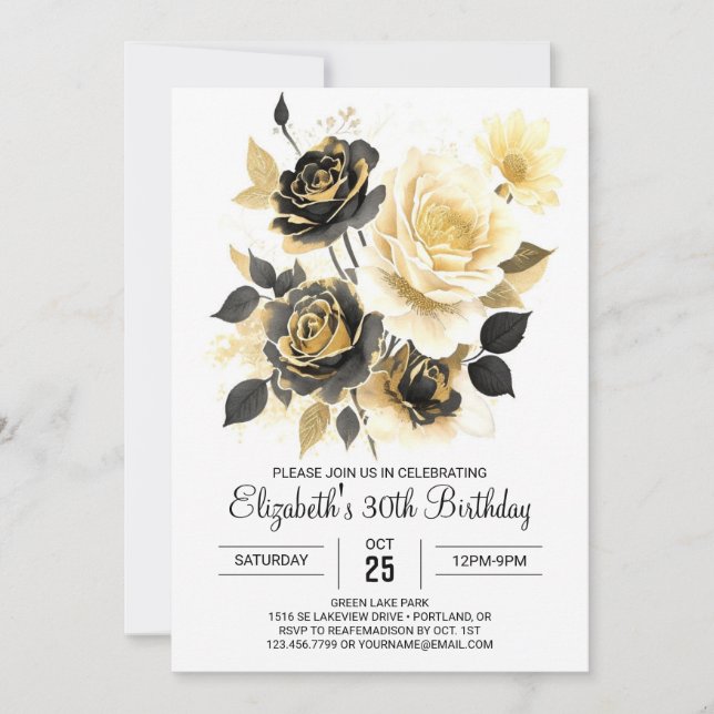 Custom Wildflowers Gold and Black 30th Birthday Invitation (Front)