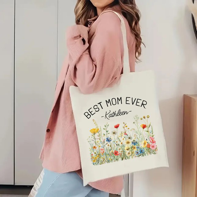 Custom Wildflowers Tote Bag, Best Mom Ever Gift Bag (Mother’s Day gift bag, birthday present for mom, Christmas gift for her, baby shower tote, )