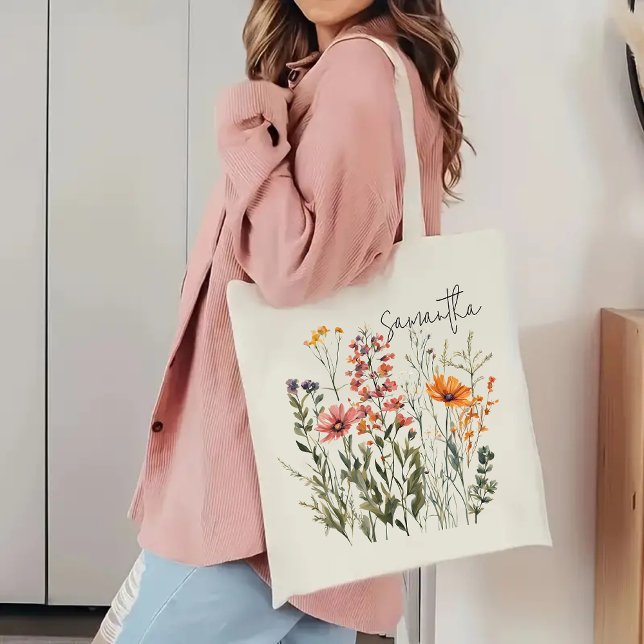 Custom wildflowers tote bag, Bridesmaid Gifts ( personalized tote bag, mothers day gift, birthday gift, graduation gift, gift for mom, Gift for her)