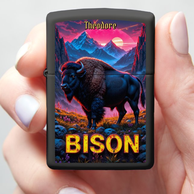 Custom Wildlife Bison Mountain Sunset Zippo Lighter (In Hand)