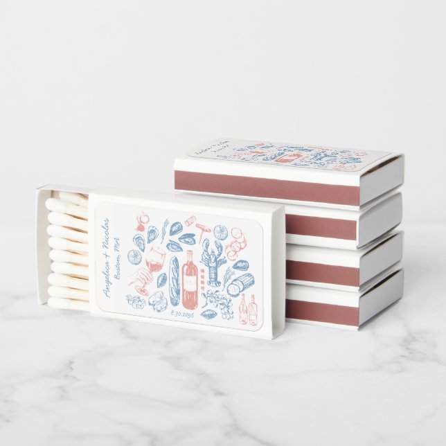 Custom Wine Oysters & Lobster East Coast Wedding Matchboxes (Stacked)