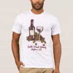 Custom Winery Wine Shop Glass   Grapes Tee Shirt<br><div class="desc">Features an original marker illustration of a glass of red merlot wine surrounded by a bottle of wine and grapes. Perfect for promoting your winery or wine shop! Simply personalize with your business information.</div>