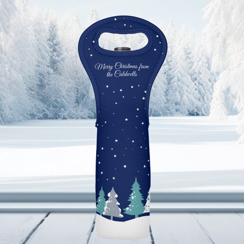Custom Winter Christmas Trees in Snow Blue Gift Wine Bag