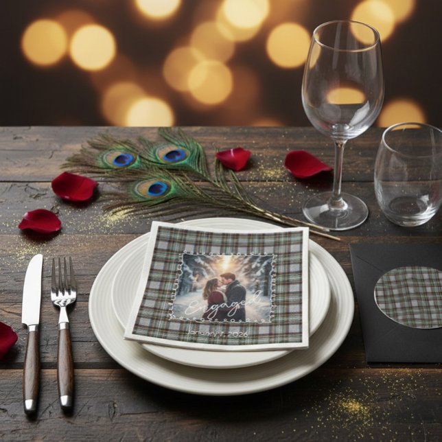 Custom Winter Engagement Photo Card with Tartan  Napkins (Creator Uploaded)