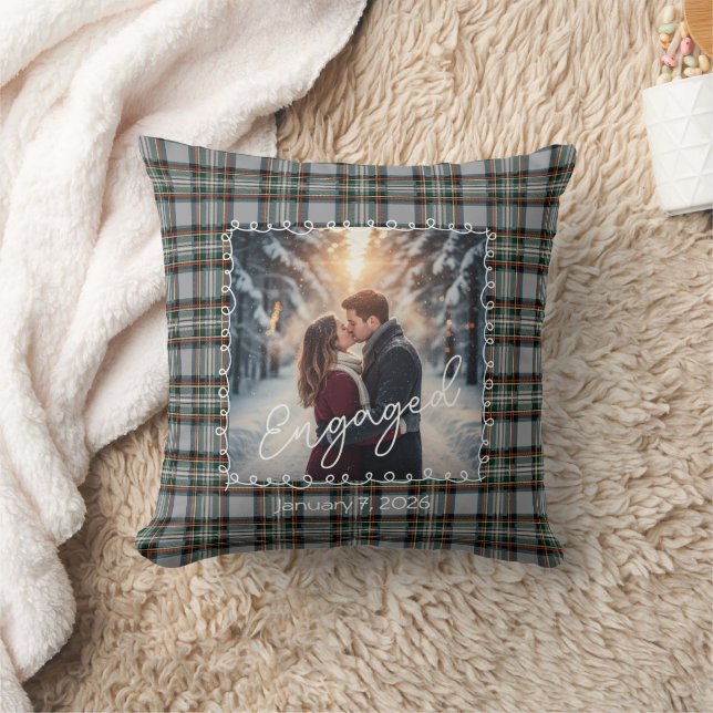 Custom Winter Engagement Photo Pillow with Tartan  (Blanket)