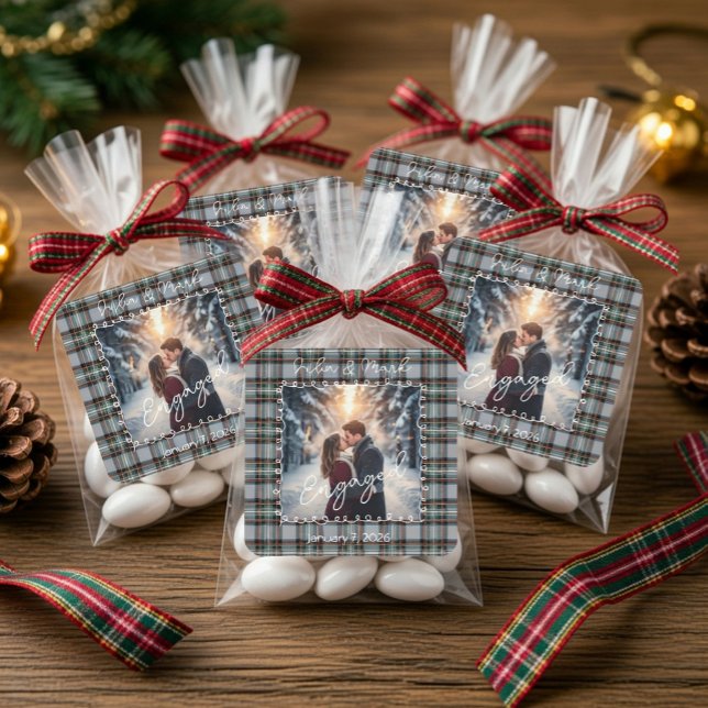Custom Winter Engagement Photo Tartan  Square Sticker (Creator Uploaded)