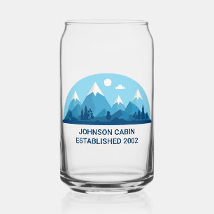 Custom Winter Family Cabin Blue Snowy Mountain Can Glass