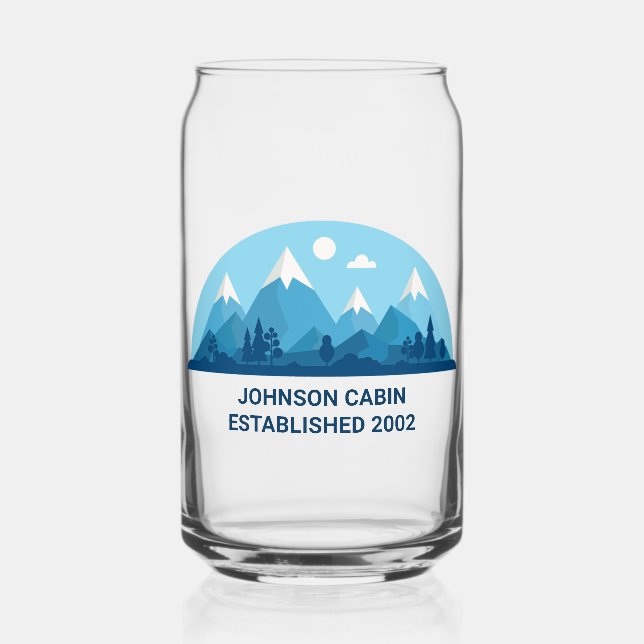 Custom Winter Family Cabin Blue Snowy Mountain Can Glass (Front)
