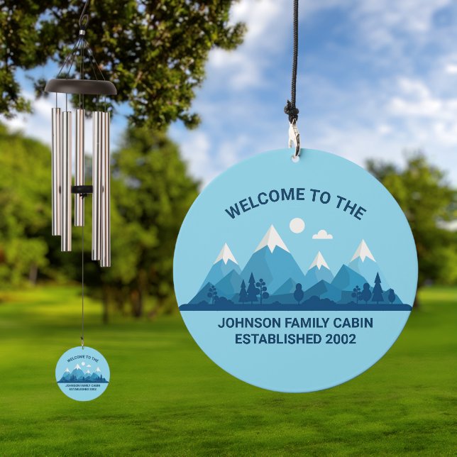 Custom Winter Family Cabin Blue Snowy Mountain Wind Chime (Outdoor)