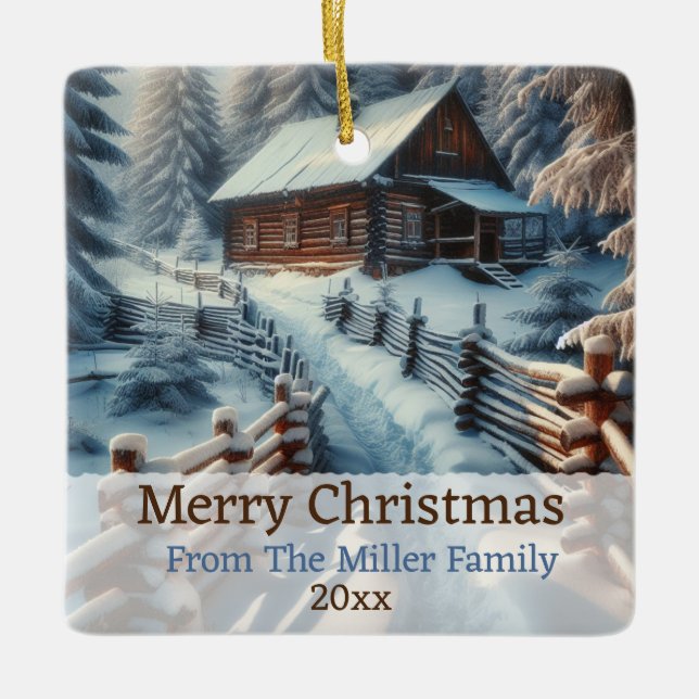 Custom Winter Log Cabin on a Snowy Day Christmas Ceramic Ornament (Front)