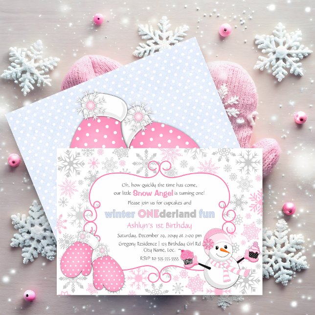 Custom Winter One-derland 1st Birthday Invitation (Winter one-derland first birthday invitation front and back view.)