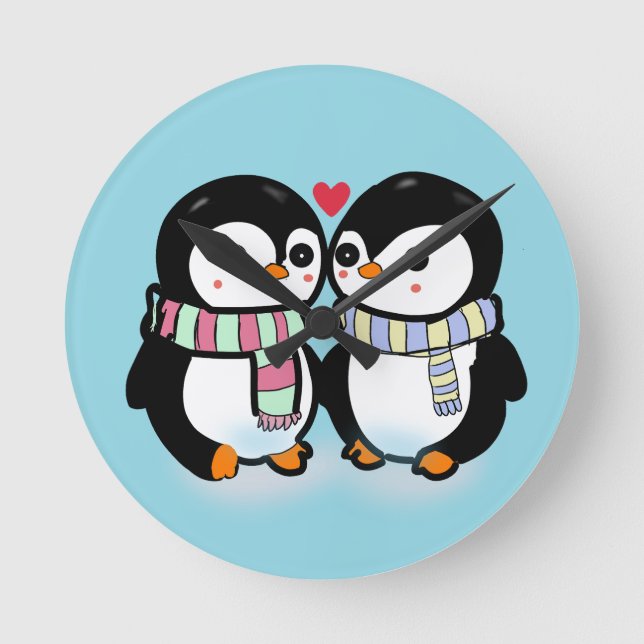 Custom Winter Penguin Love Round Clock (Front)