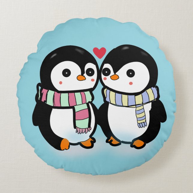 Custom Winter Penguin Love Round Pillow (Front)