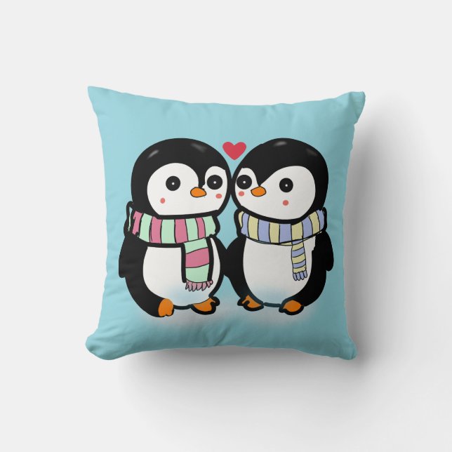 Custom Winter Penguin Love Throw Pillow (Front)