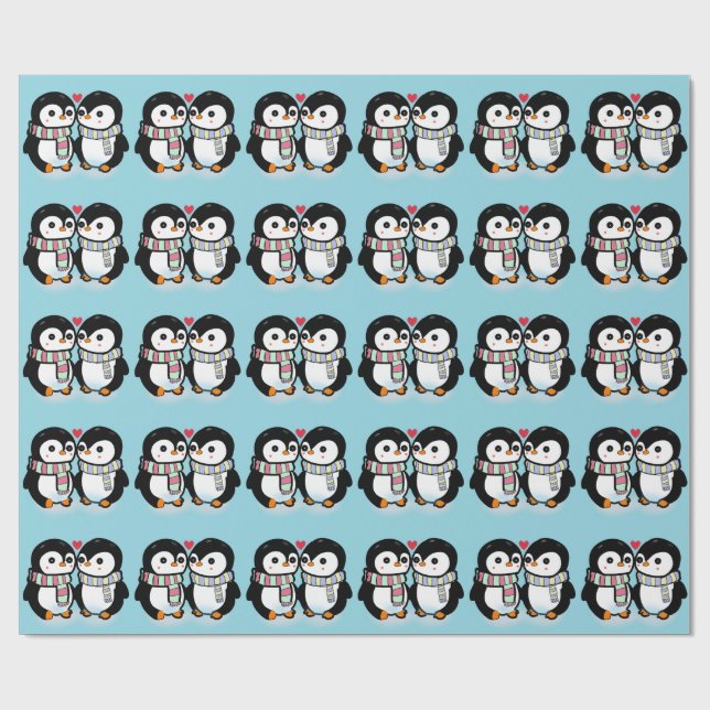 Custom Winter Penguin Love Wrapping Paper (Flat)