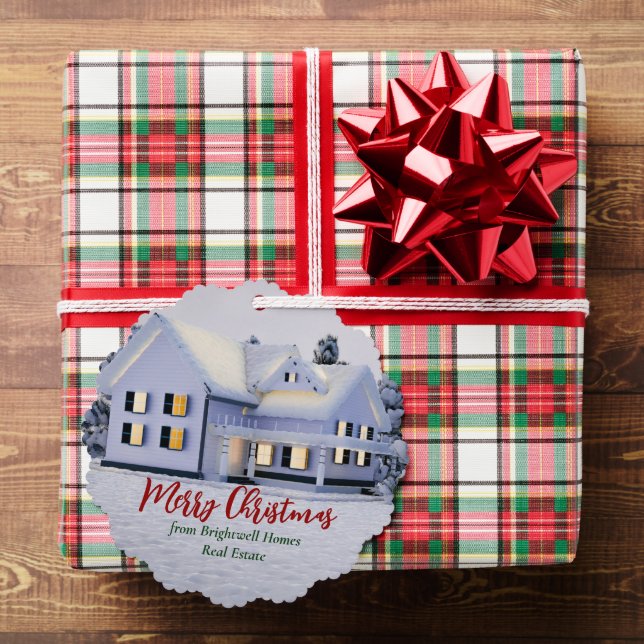 Custom Winter Real Estate Company Snowy Home Ornament Card (Insitu (Gift))