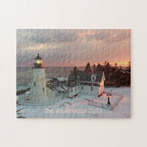 Custom Winter Sunset Ocean Lighthouse Jigsaw Puzzle