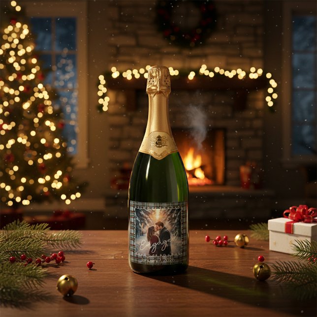 Custom Winter Tartan Engagement Photo Champagne  Sparkling Wine Label (Creator Uploaded)