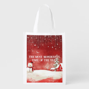 Custom Winter Wonderland Scene Christmas Snowman Grocery Bag