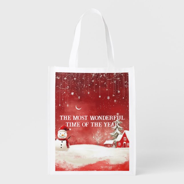 Custom Winter Wonderland Scene Christmas Snowman Grocery Bag (Front)