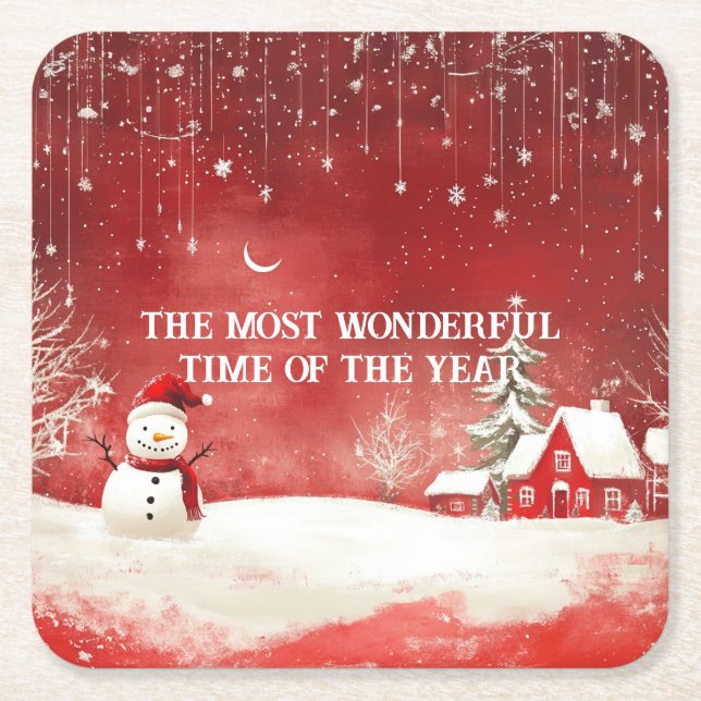 Custom Winter Wonderland Scene Christmas Snowman Square Paper Coaster (Front)