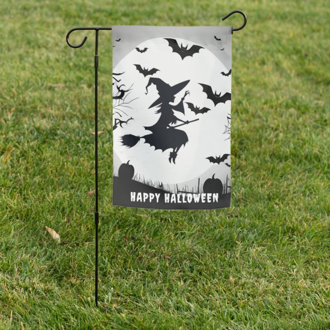 Custom Witch Silhouette with Bats Funny Halloween Garden Flag (In SItu)