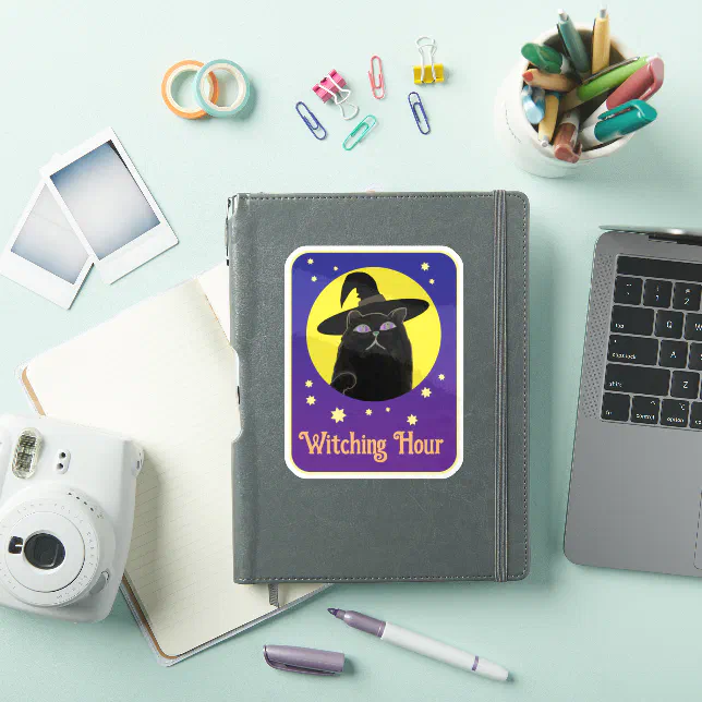 Custom Witchy Black Cat Halloween Art Style Sticker | Zazzle