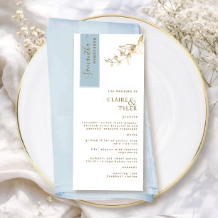 Custom with Guest Name Dusty Blue and Gold Wedding Menu