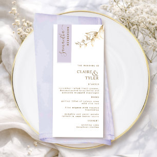 Custom with Guest Name Lavender and Gold Wedding Menu