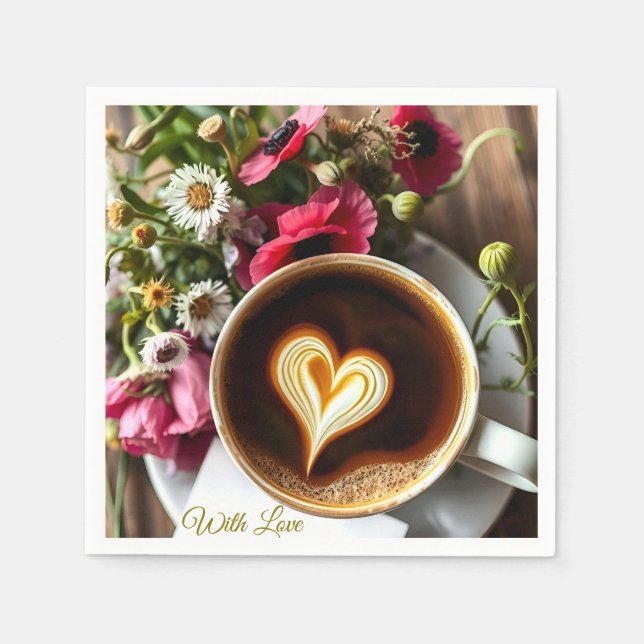 Custom "With Love"  Cup of Coffee & Red Poppies  Napkins (Front)