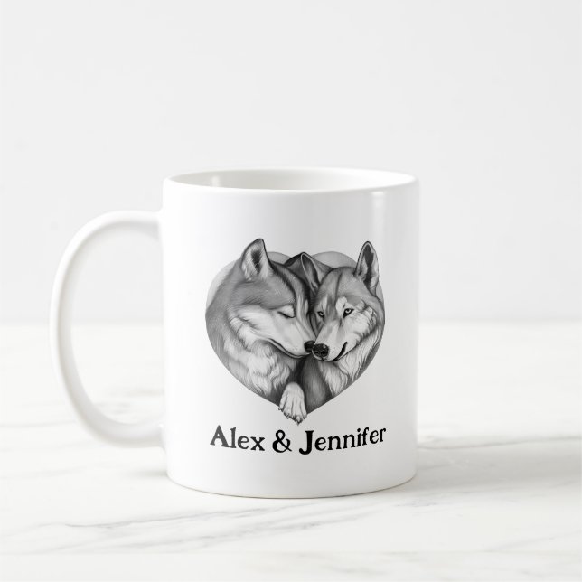 Custom Wolf Couple Names Personalized Coffee Mug (Left)
