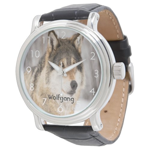 Custom wolf face head in a winter forest add name watch