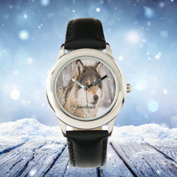 Custom Wolf Face Head Wildlife Winter Forest Name Watch by Nordic_designs at Zazzle