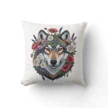 Custom Wolf with Floral Crown Throw Pillow