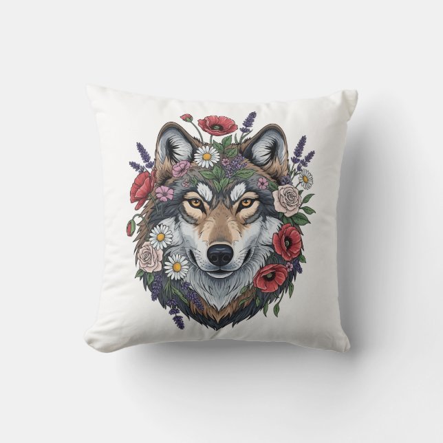 Custom Wolf with Floral Crown Throw Pillow (Front)