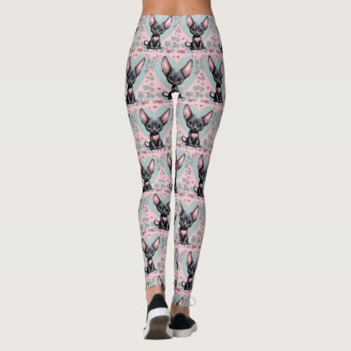 Custom Womens Leggings Sphynx Kitten Pink Hearts