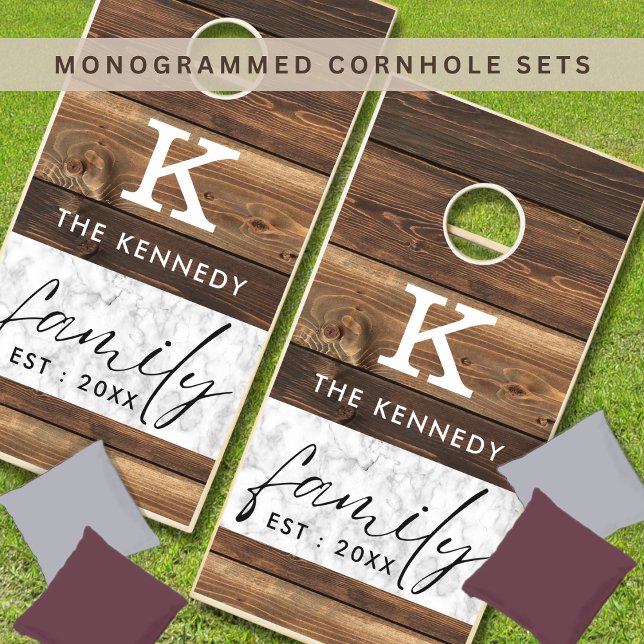 Custom Wood And Marble Family Name Monogrammed Cornhole Set (Customize Your Fun - Stylish Marble & Wood Cornhole Set. Perfect for Backyard Games!)