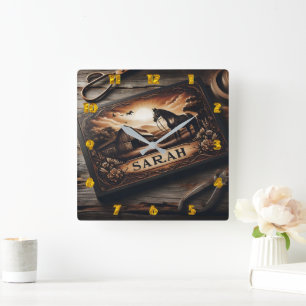Custom Wood Carving of Horse and Barn at Sunset Square Wall Clock