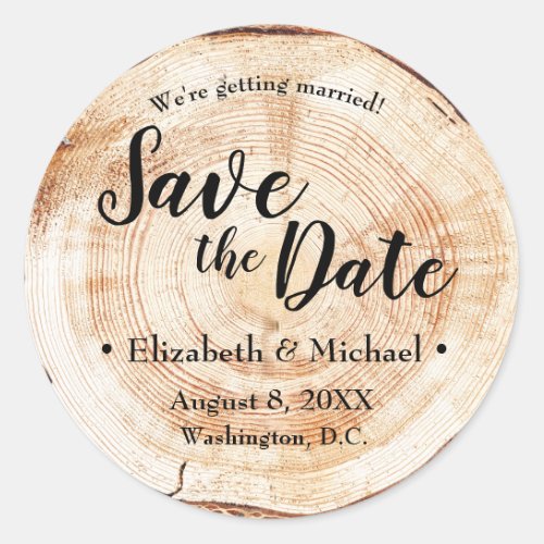 Custom Wood Cut disc rustic Wedding Save the date Classic Round Sticker