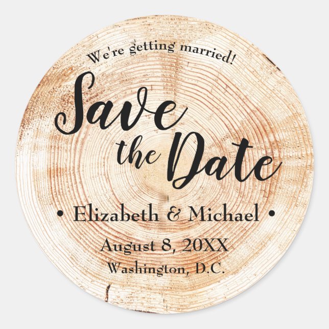 Custom Wood Cut disc rustic Wedding Save the date Classic Round Sticker (Front)