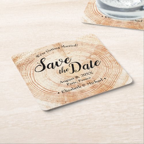 Custom Wood disc Save the Date Unique Wedding  Square Paper Coaster