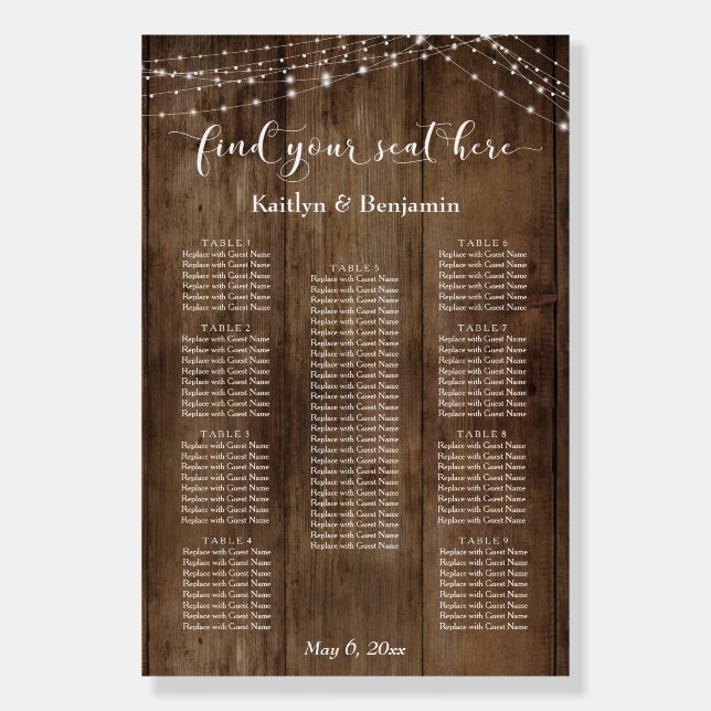 Custom & Wood Lights Reception Seating Chart Foam Board (Front)