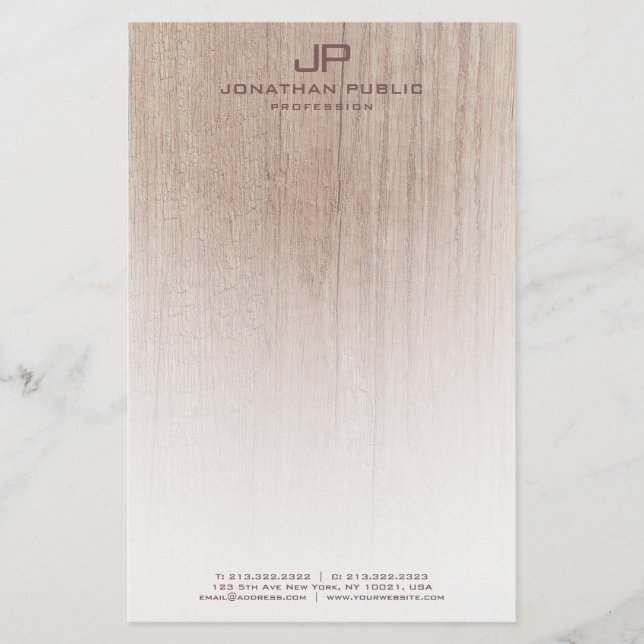 Custom Wood Look Elegant Monogram Template Modern Stationery (Front)