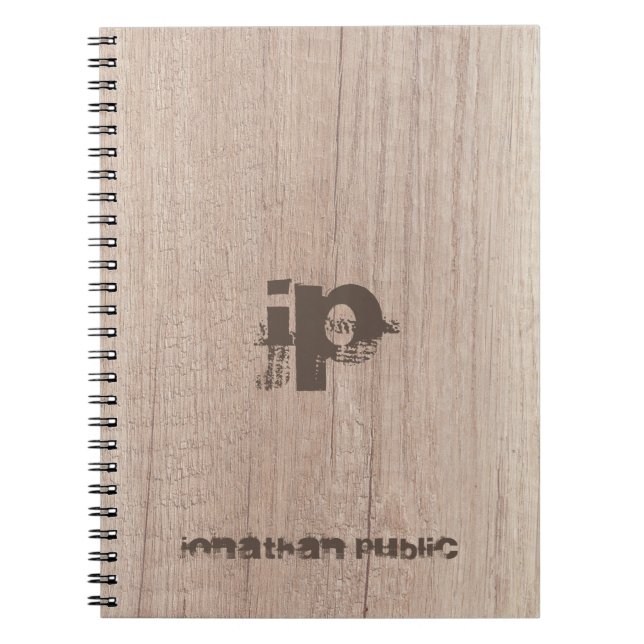 Custom Wood Look Monogram Distressed Text Template Notebook (Front)