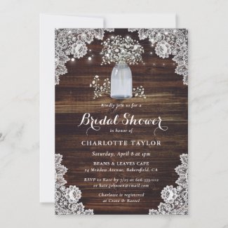 Custom Wood Mason Jar Baby's Breath Bridal Shower Invitation