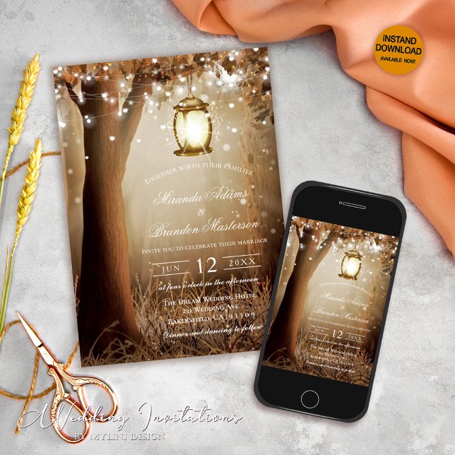 Custom Wood Trees String Lights Rustic Wedding Invitation (Creator Uploaded)